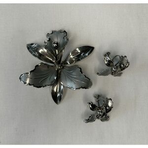 Vintage Silver Toned Iris Flower Brooch/Pin & Earring Set, 50-60's, Unique